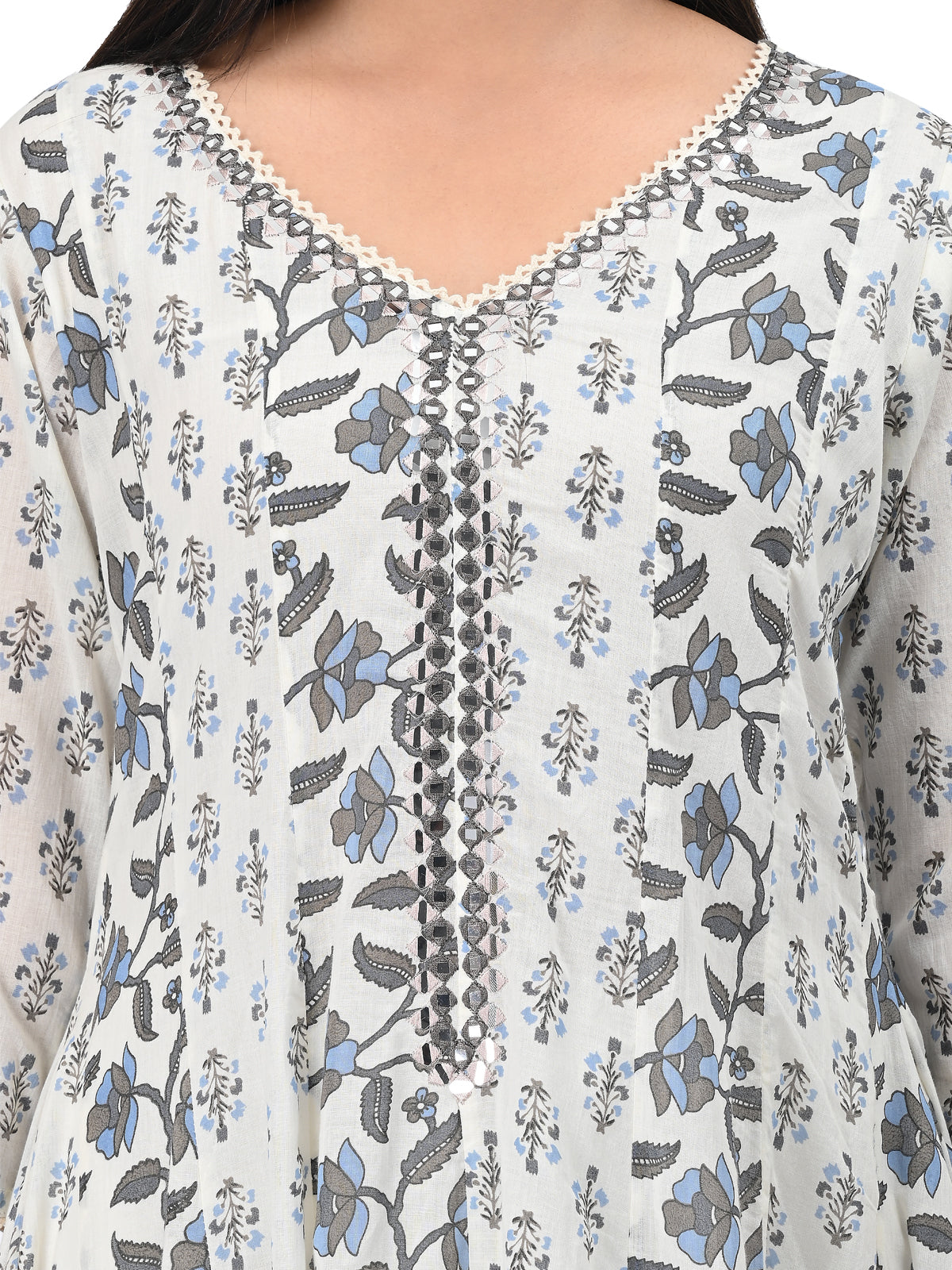 White & Blue Floral Cotton Kurta Set with Dupatta