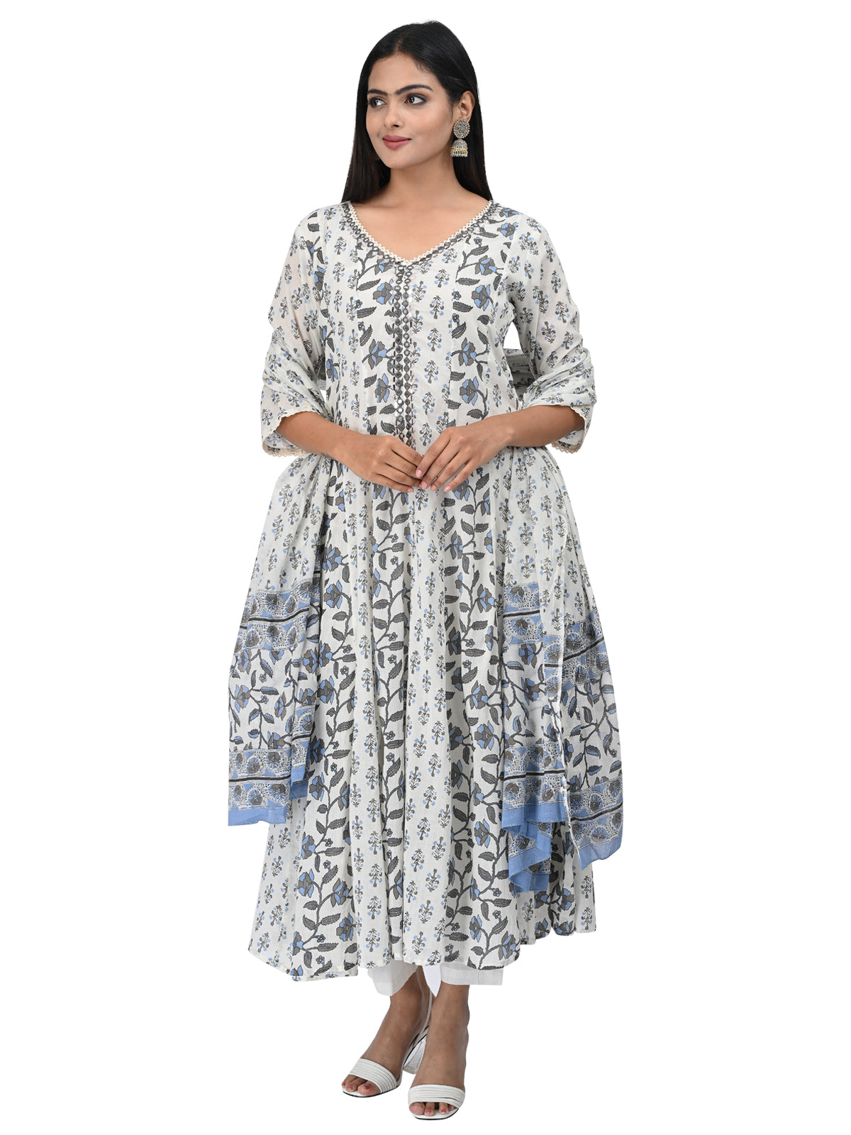 White & Blue Floral Cotton Kurta Set with Dupatta