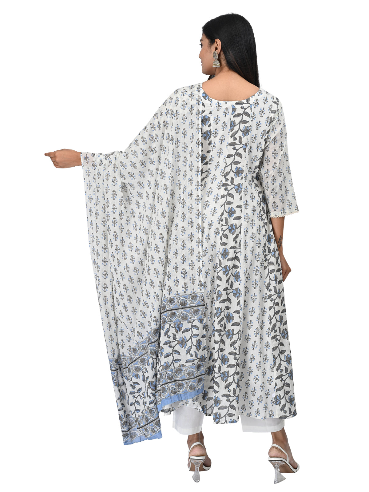 White & Blue Floral Cotton Kurta Set with Dupatta