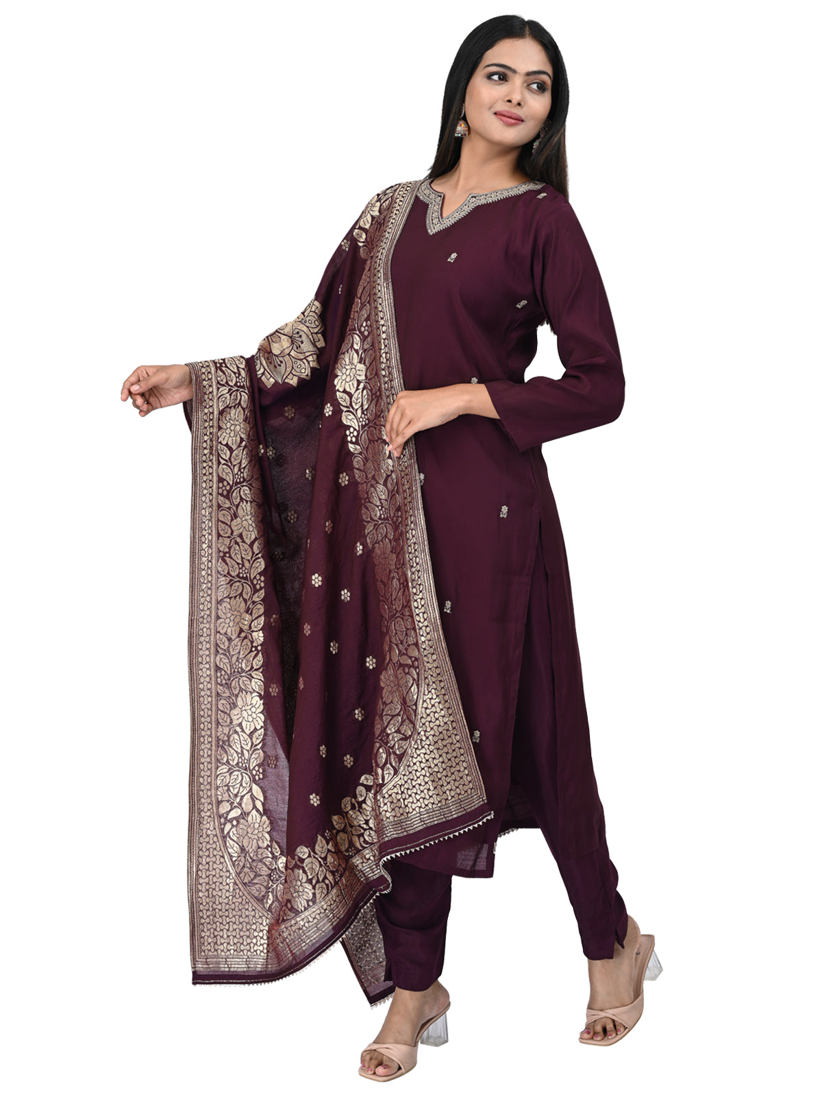 Wine Embroidered Kurta Set with Zari Dupatta