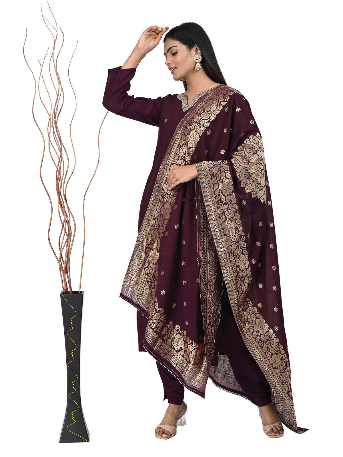 Wine Embroidered Kurta Set with Zari Dupatta