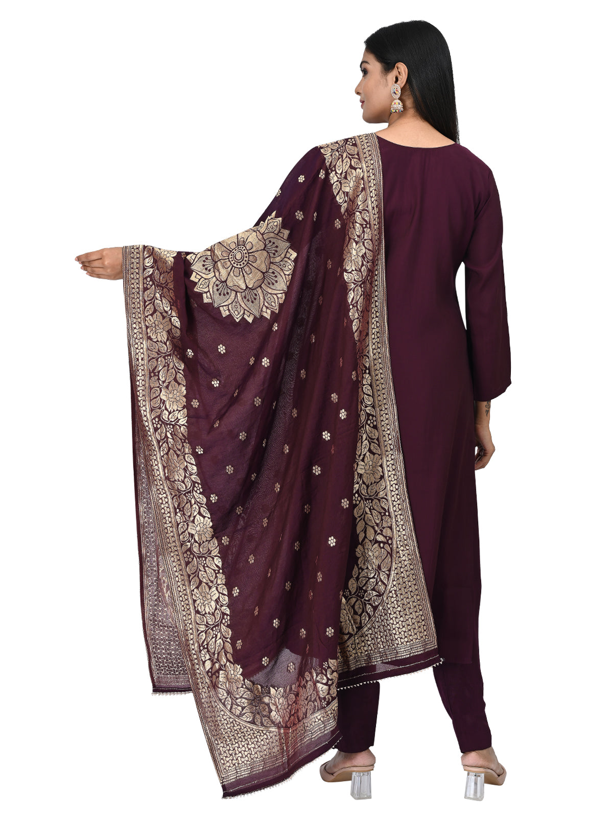 Wine Embroidered Kurta Set with Zari Dupatta