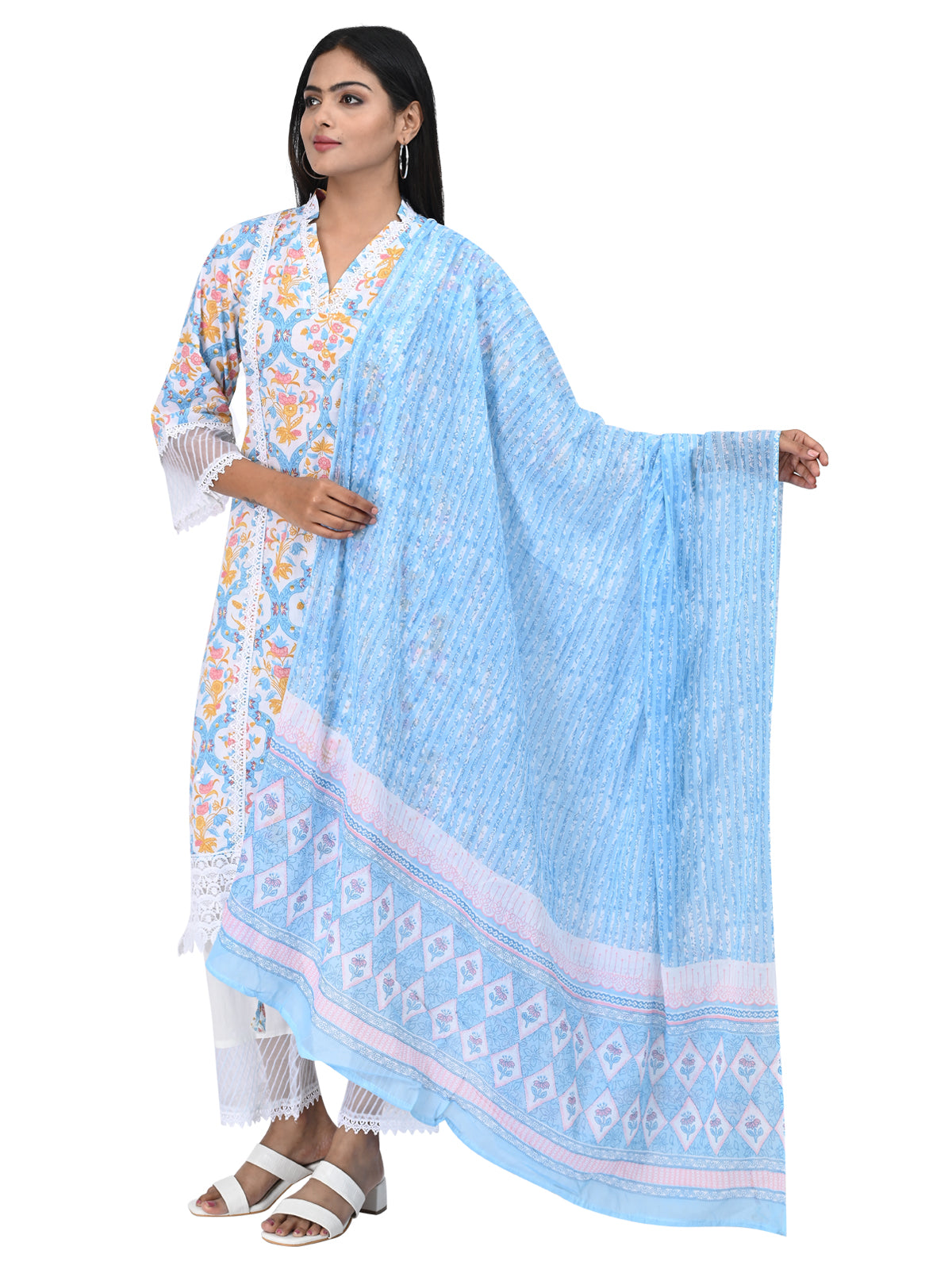 Sky Blue Printed Kurta Set with Lace Detail & Dupatta