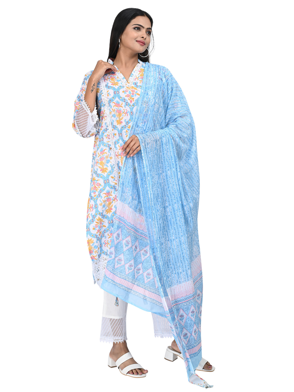 Sky Blue Printed Kurta Set with Lace Detail & Dupatta