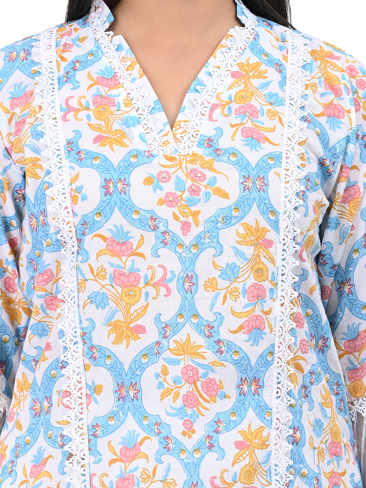 Sky Blue Printed Kurta Set with Lace Detail & Dupatta