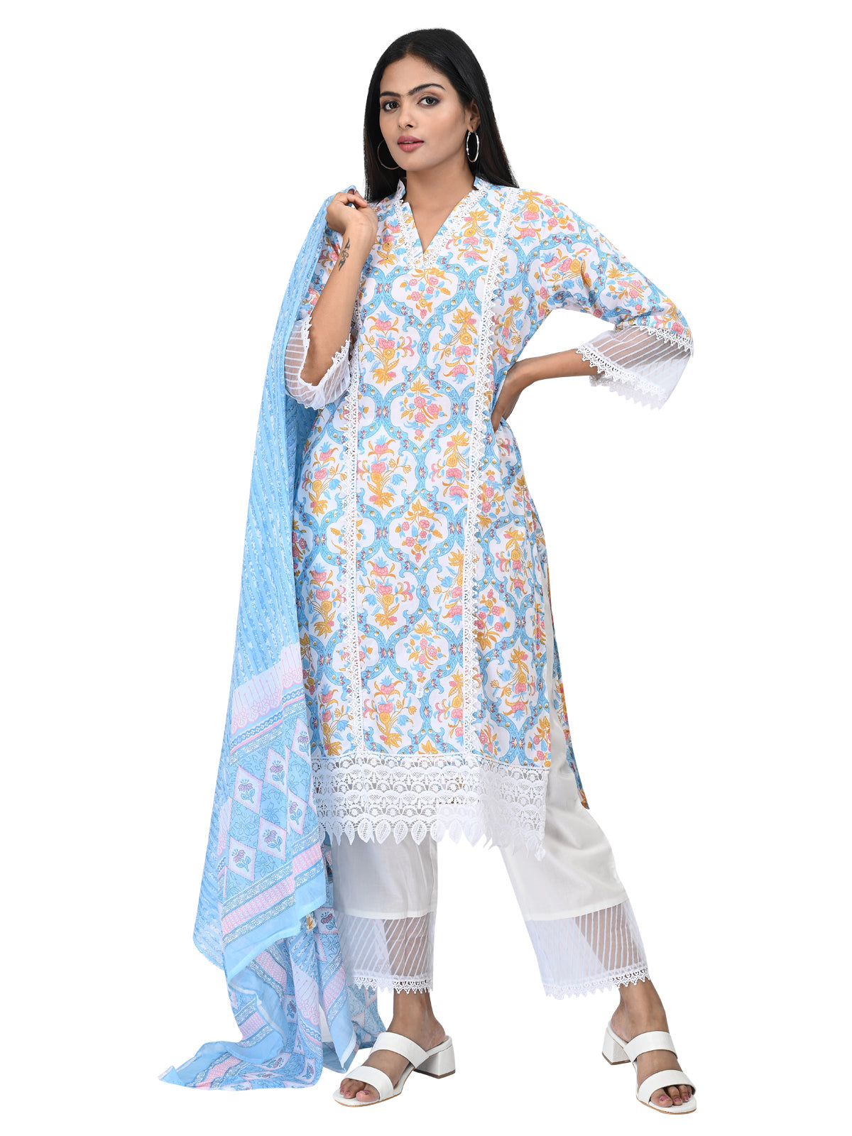 Sky Blue Printed Kurta Set with Lace Detail & Dupatta