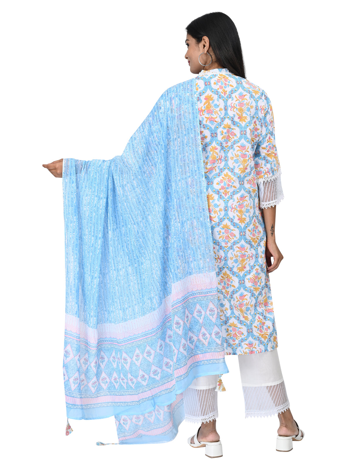 Sky Blue Printed Kurta Set with Lace Detail & Dupatta
