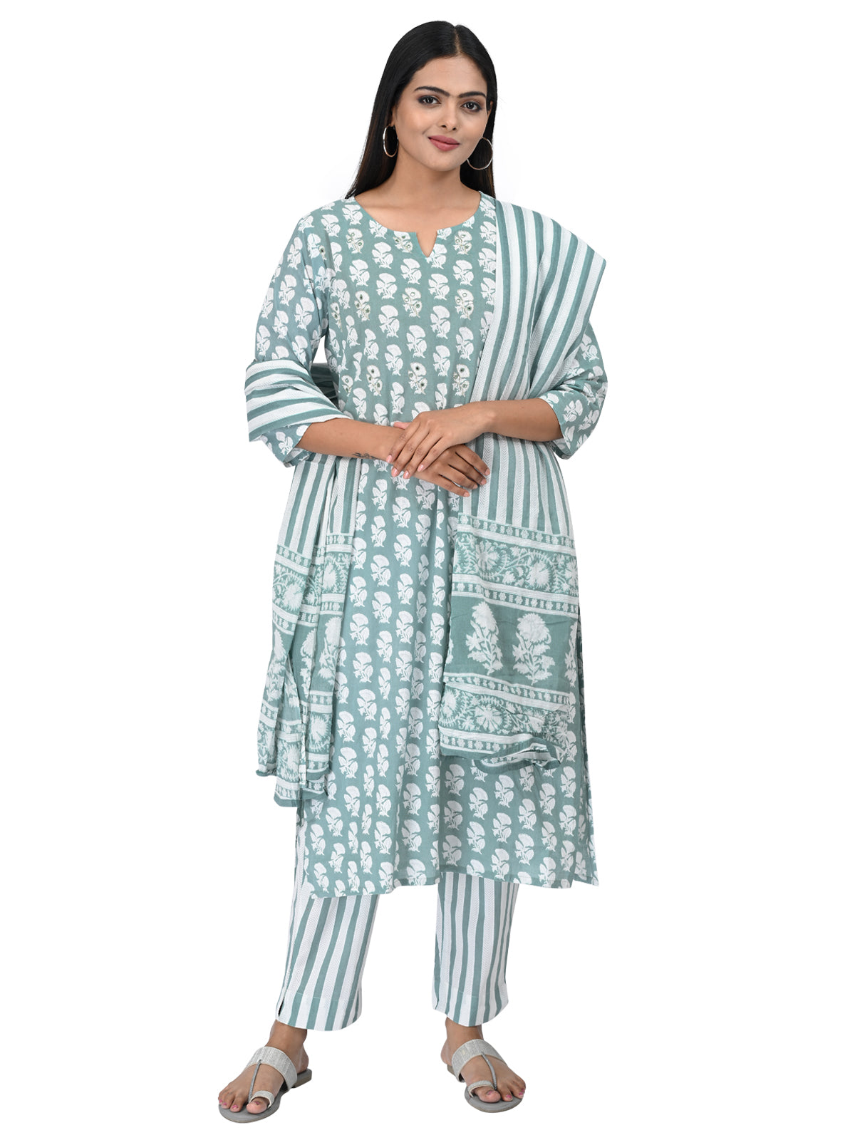 Sage Green Cotton Kurta Set with Stripe Print Dupatta