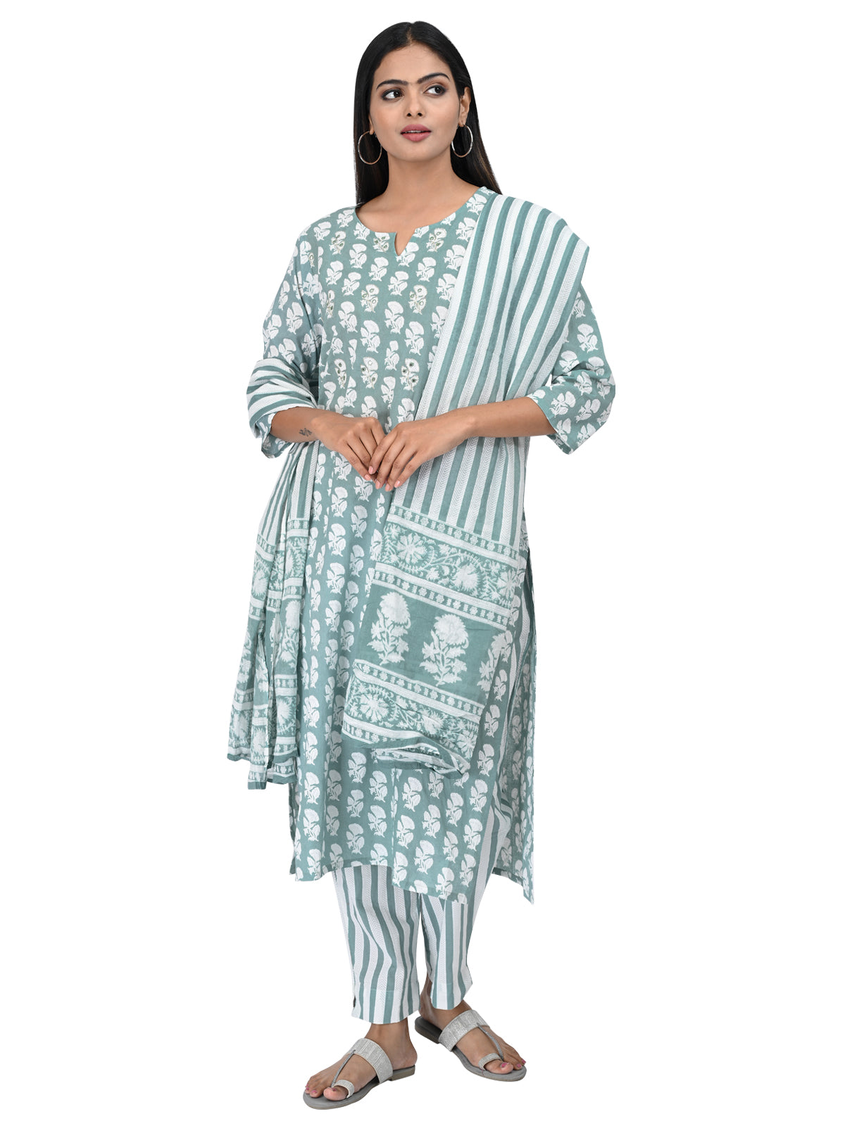 Sage Green Cotton Kurta Set with Stripe Print Dupatta