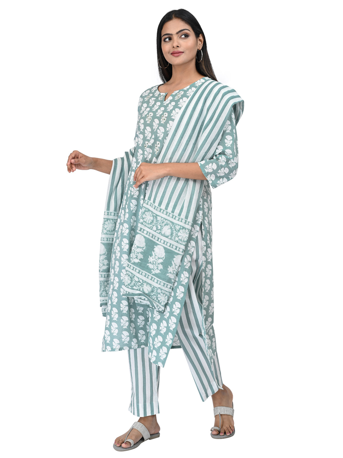 Sage Green Cotton Kurta Set with Stripe Print Dupatta