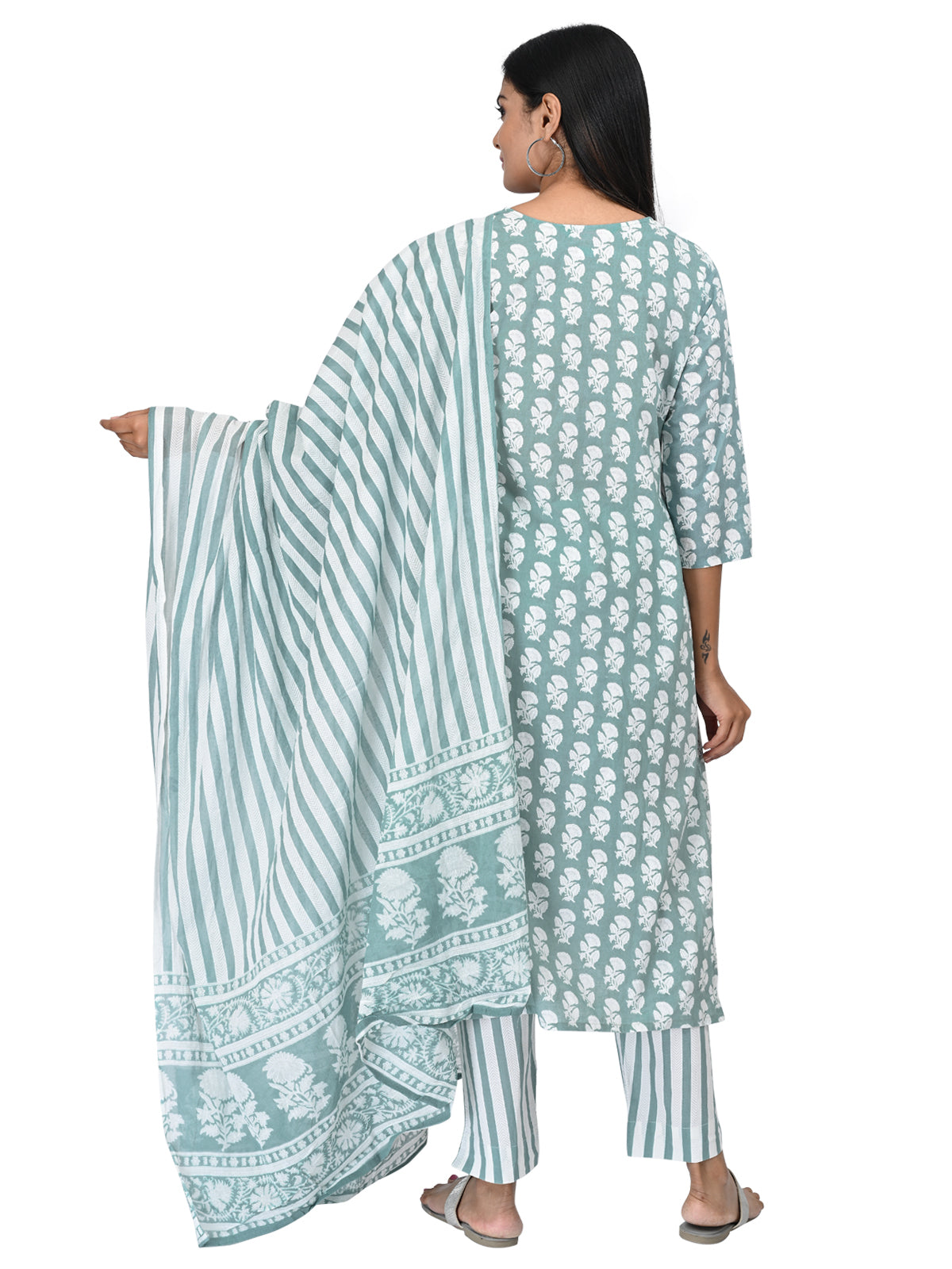 Sage Green Cotton Kurta Set with Stripe Print Dupatta