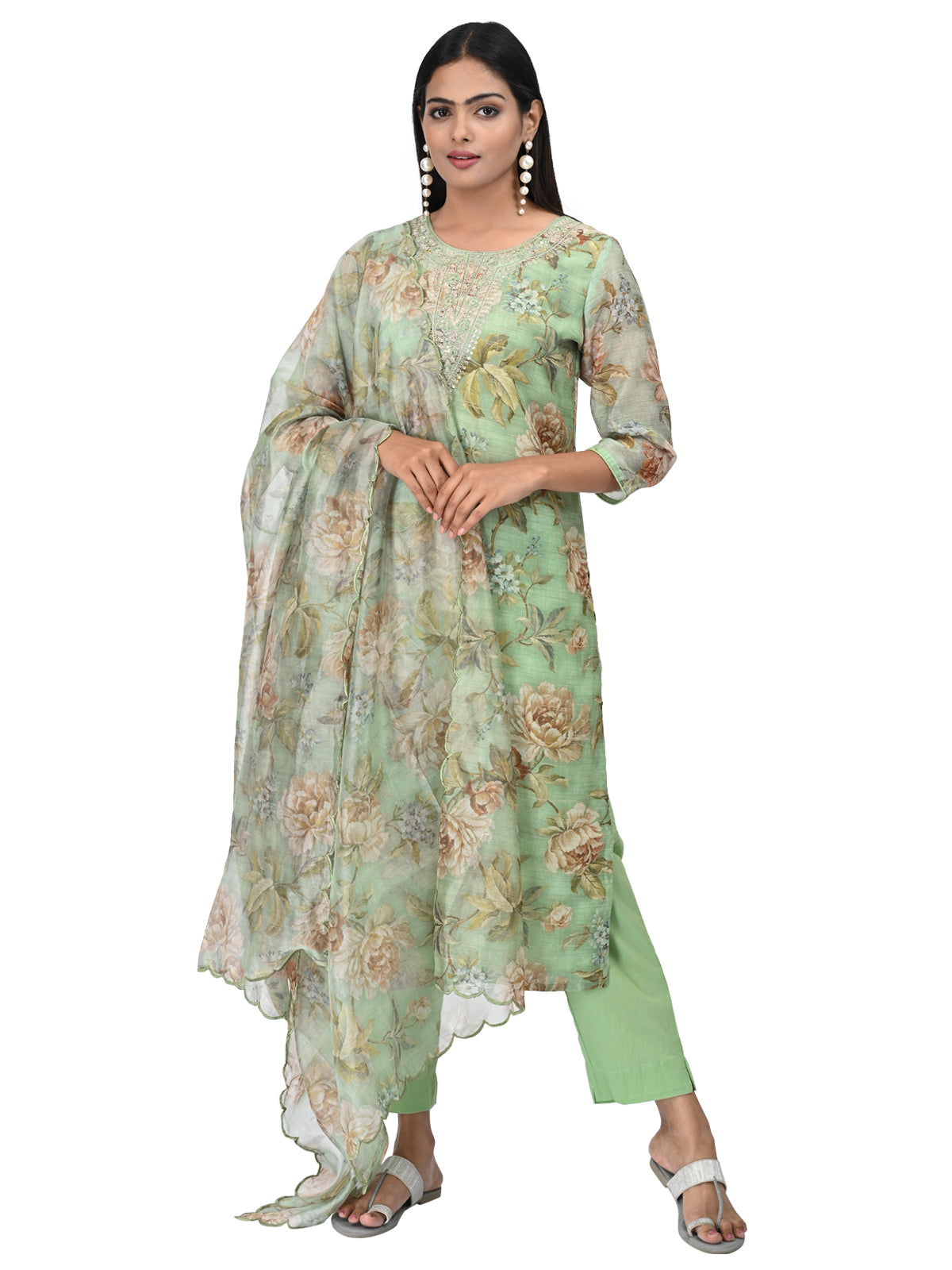 Mint Green Floral Print Suit Set with Embroidered Neckline & Dupatta