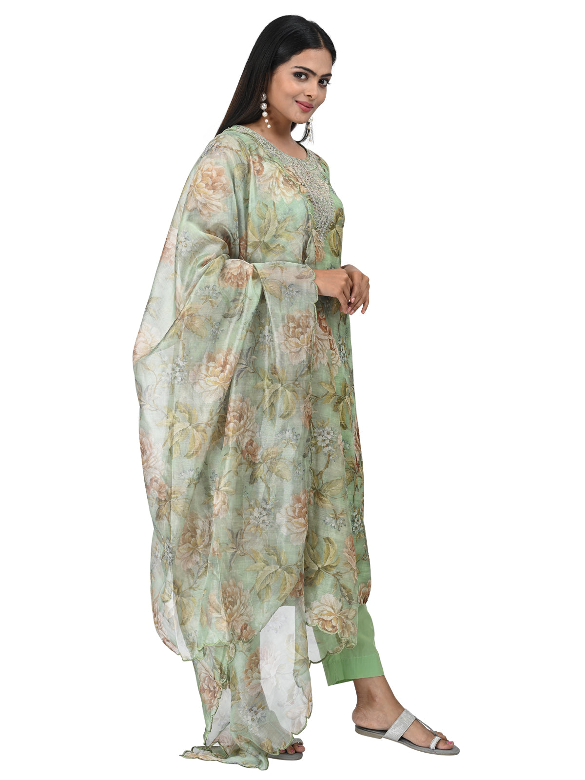 Mint Green Floral Print Suit Set with Embroidered Neckline & Dupatta