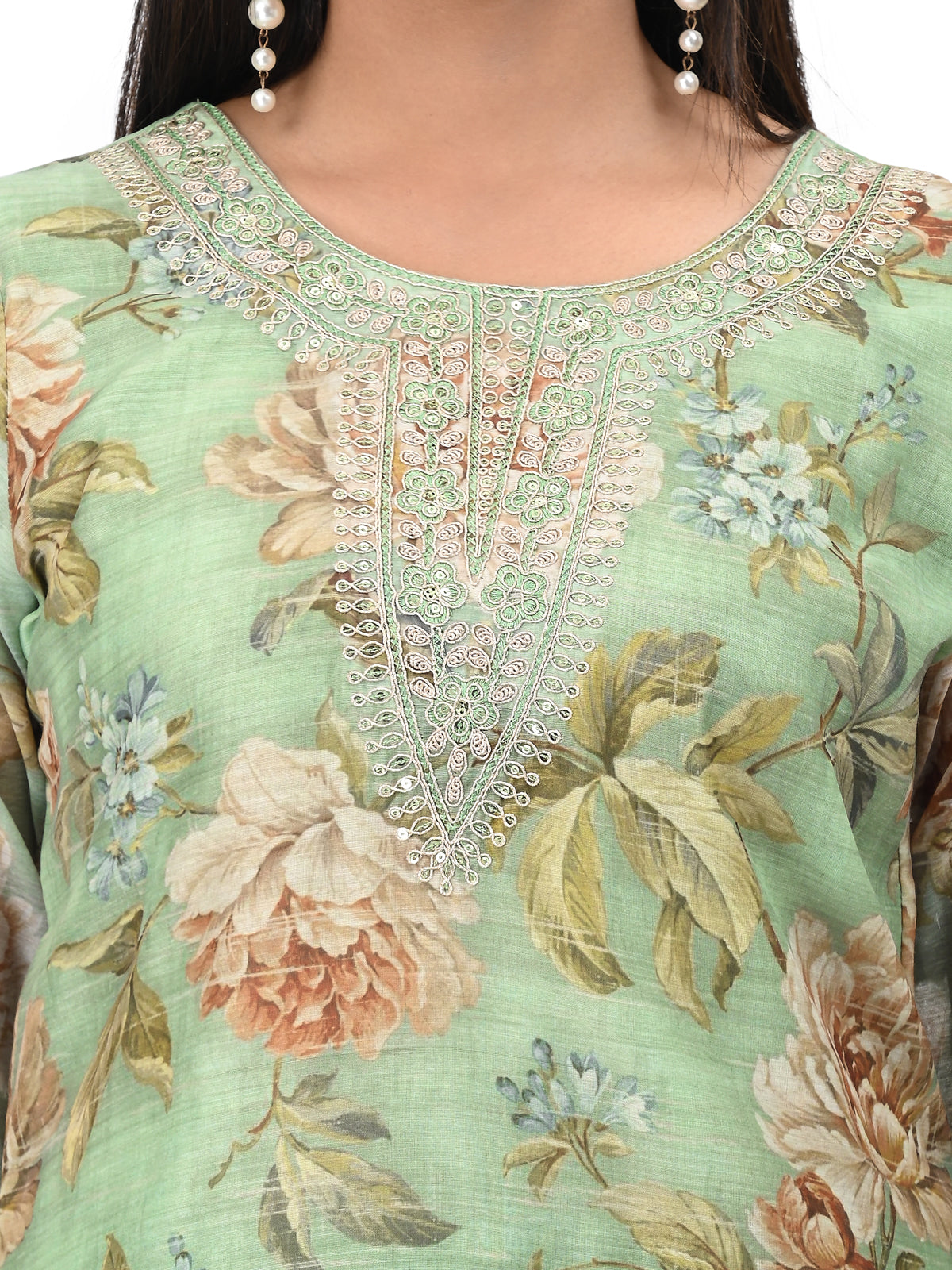 Mint Green Floral Print Suit Set with Embroidered Neckline & Dupatta