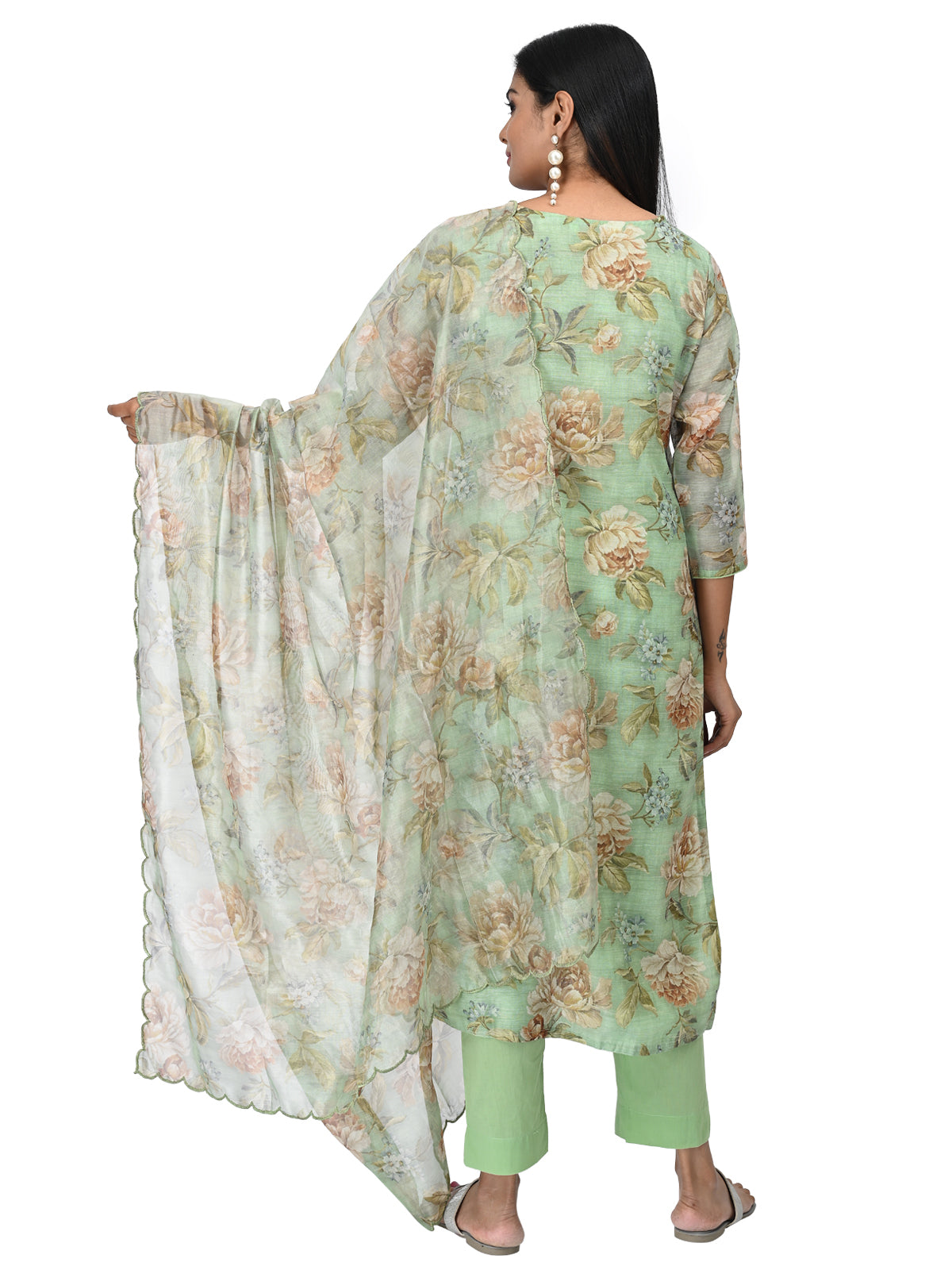 Mint Green Floral Print Suit Set with Embroidered Neckline & Dupatta