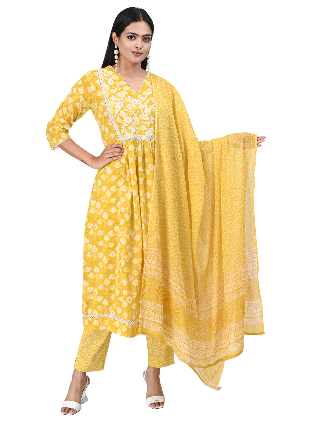 Sunny Yellow Floral Kurta Set with Embroidered Yoke and Printed Dupatta