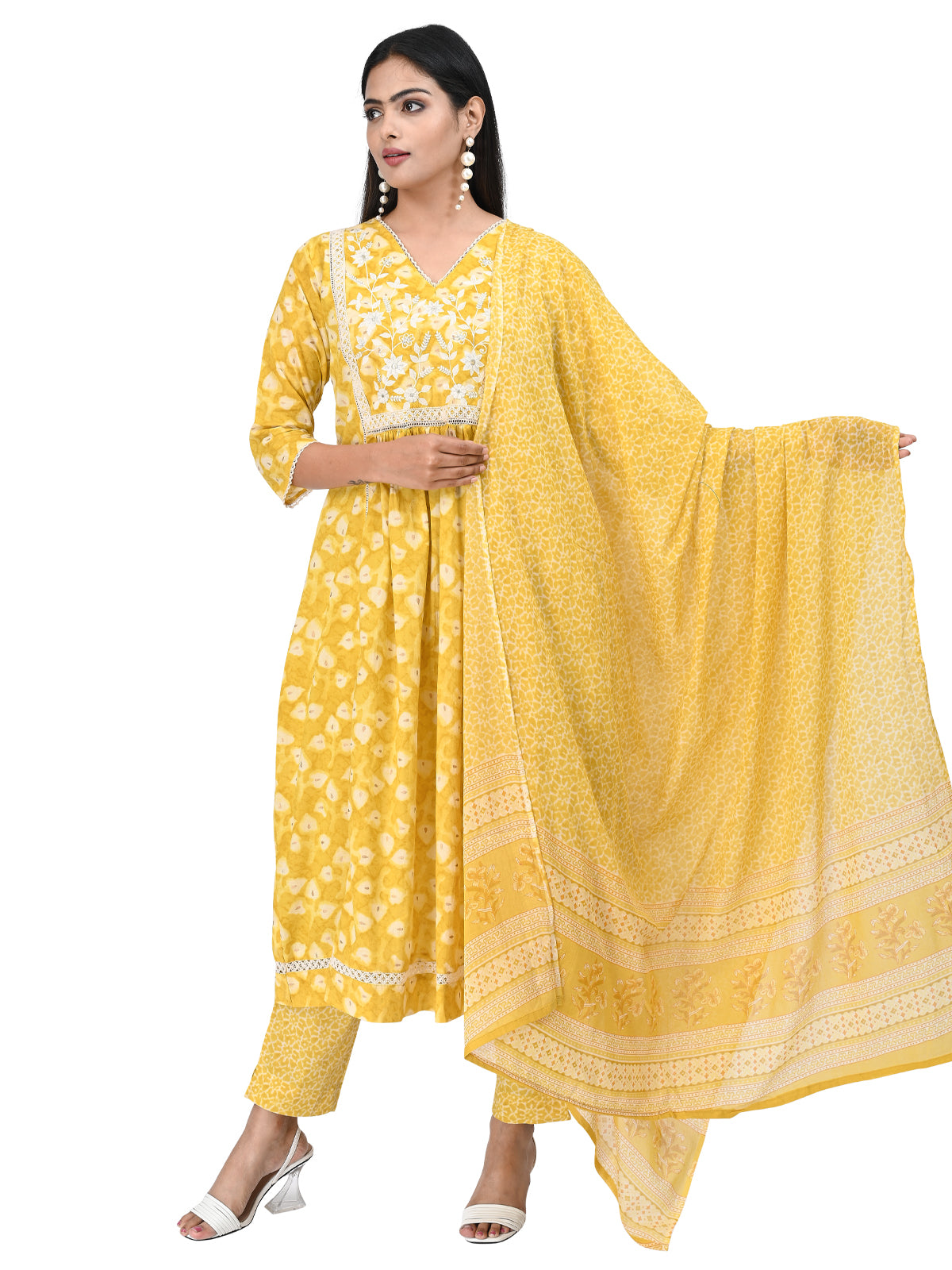 Sunny Yellow Floral Kurta Set with Embroidered Yoke and Printed Dupatta