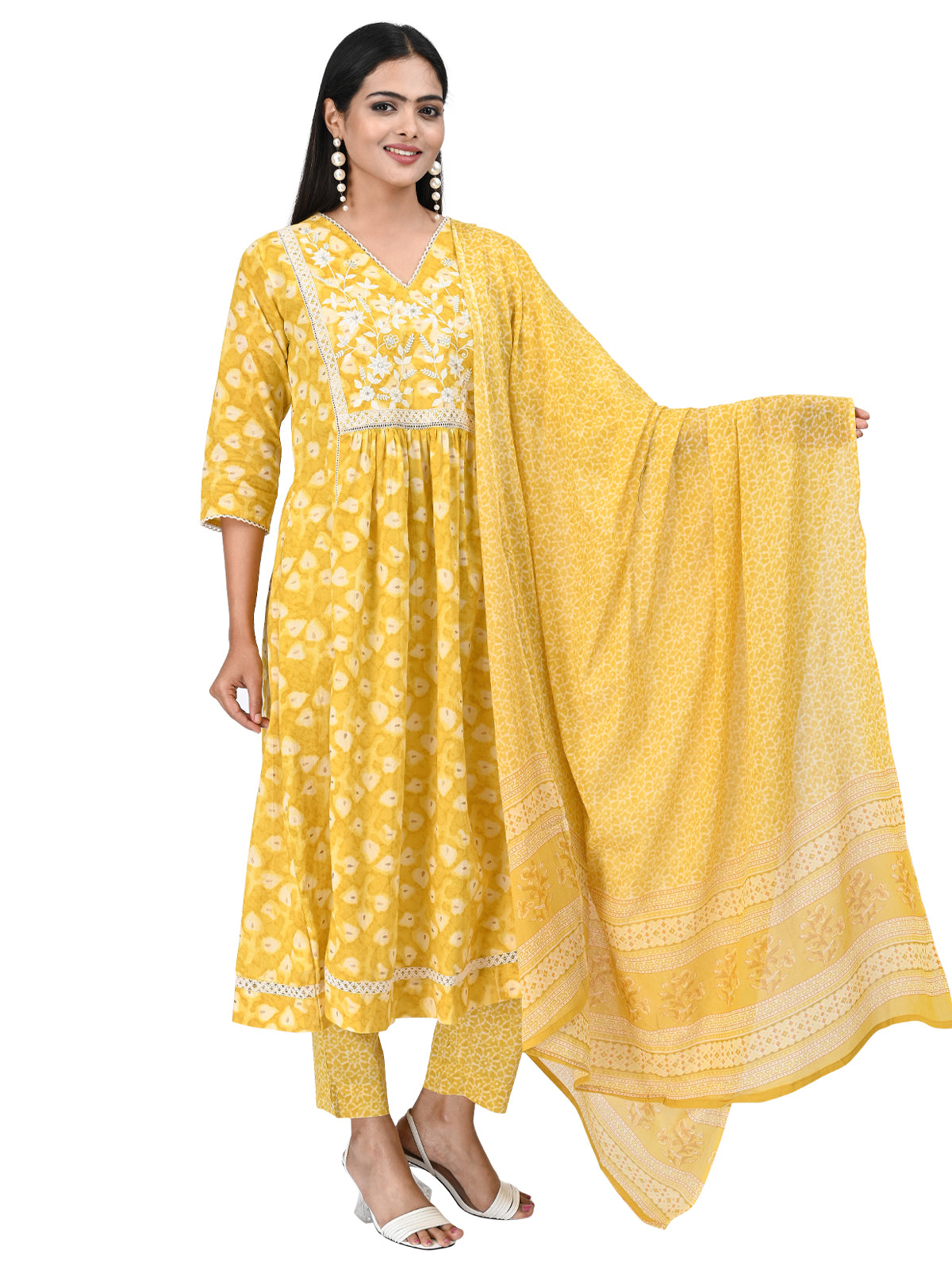 Sunny Yellow Floral Kurta Set with Embroidered Yoke and Printed Dupatta