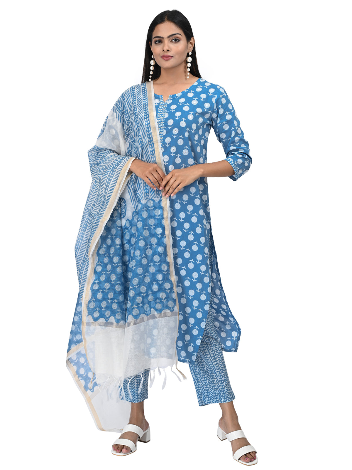 Sky Blue Printed Cotton Kurta Set with Dupatta