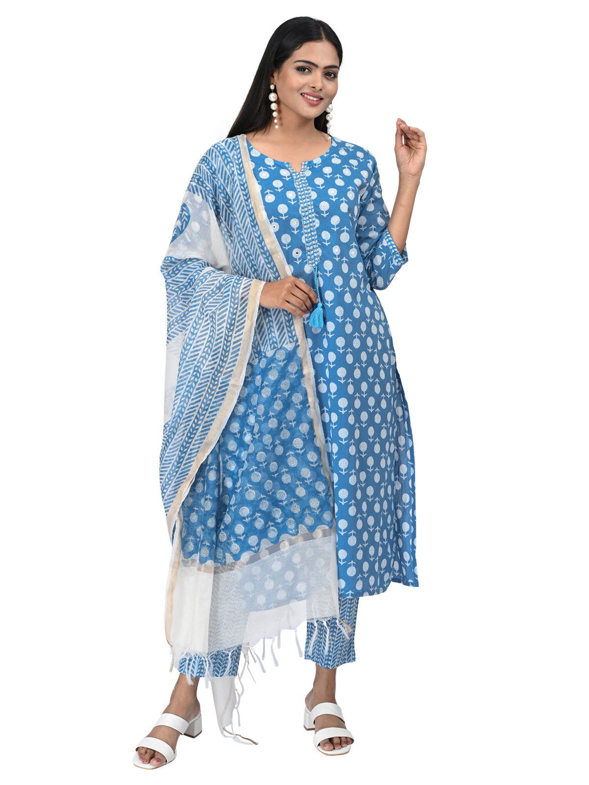 Sky Blue Printed Cotton Kurta Set with Dupatta