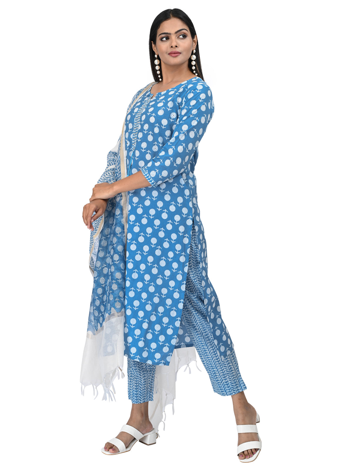 Sky Blue Printed Cotton Kurta Set with Dupatta