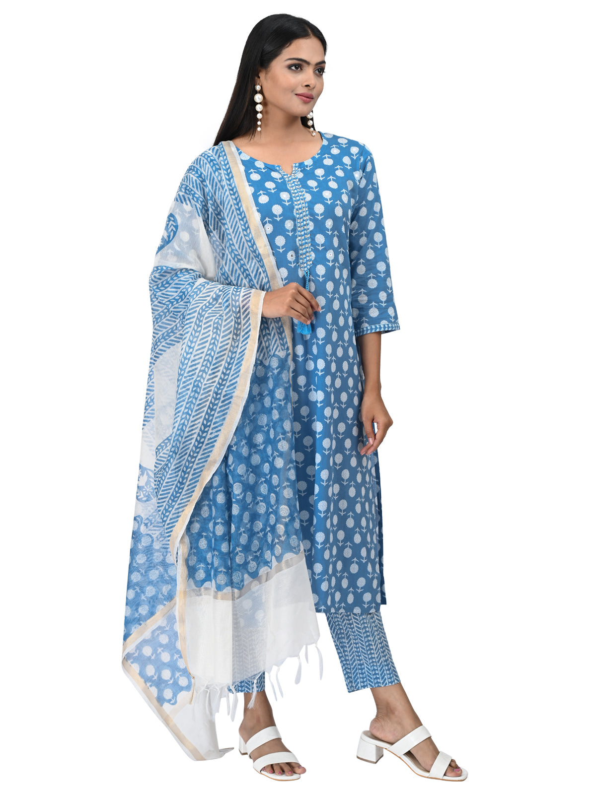 Sky Blue Printed Cotton Kurta Set with Dupatta
