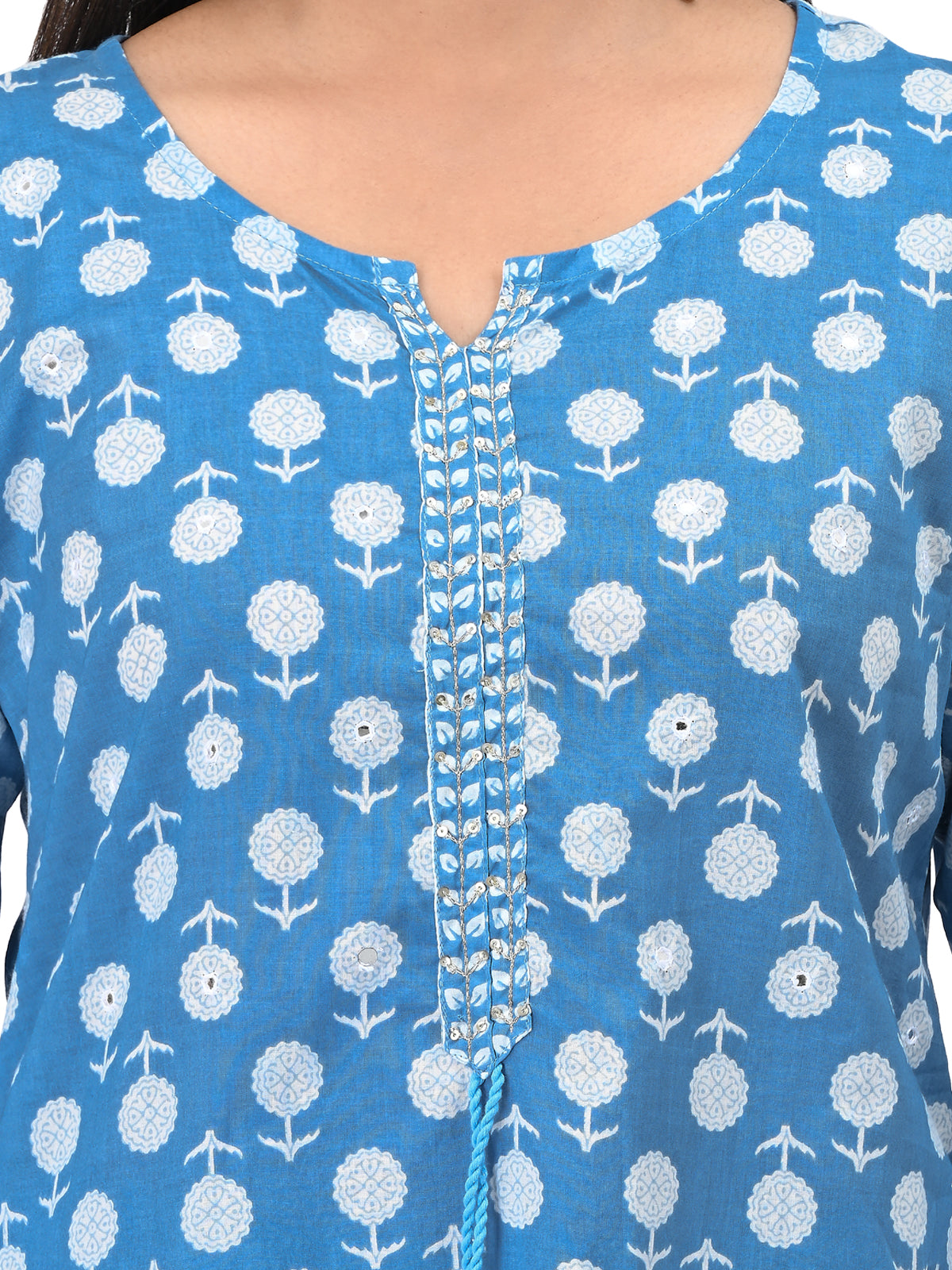 Sky Blue Printed Cotton Kurta Set with Dupatta