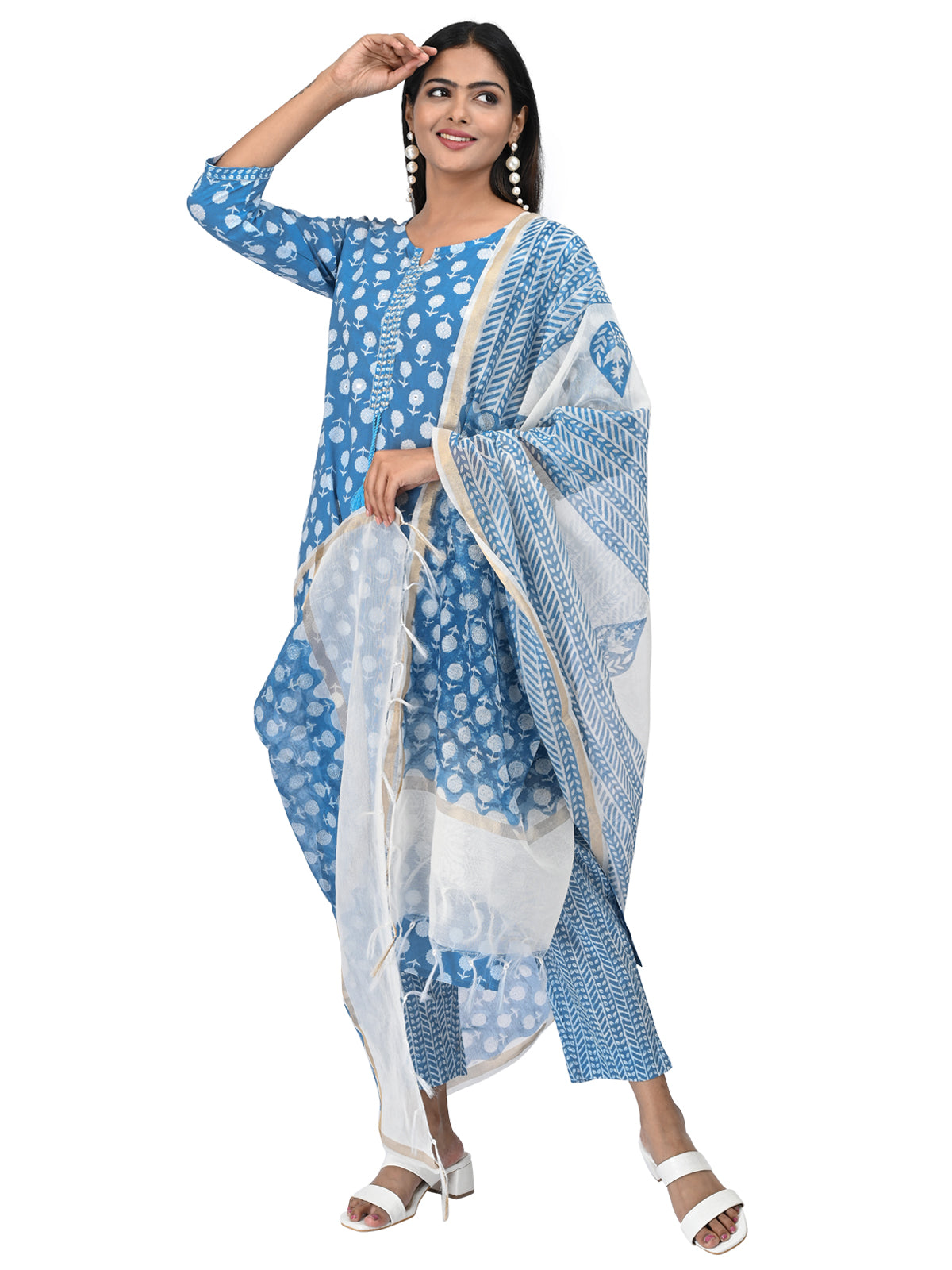 Sky Blue Printed Cotton Kurta Set with Dupatta