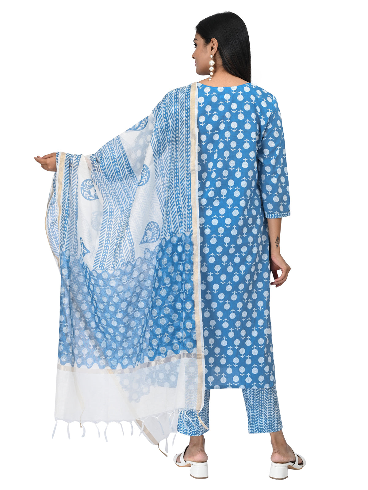 Sky Blue Printed Cotton Kurta Set with Dupatta