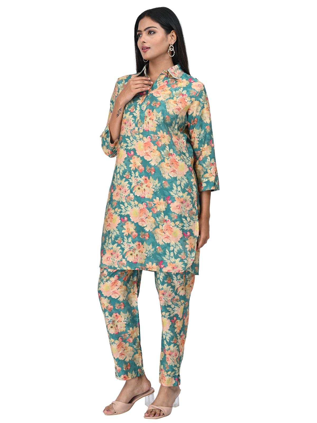 Teal Green Floral Printed Co-ord Set