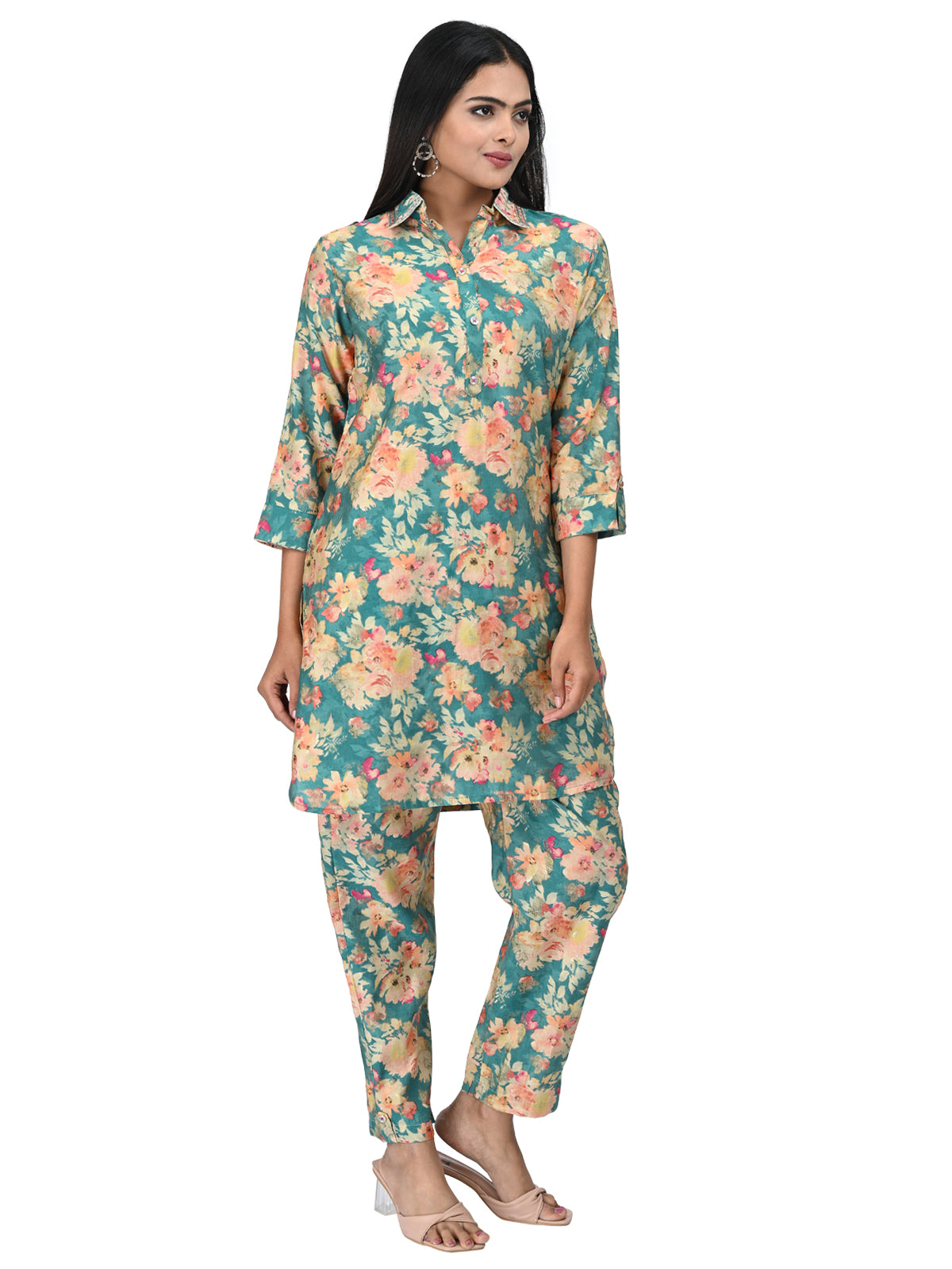 Teal Green Floral Printed Co-ord Set