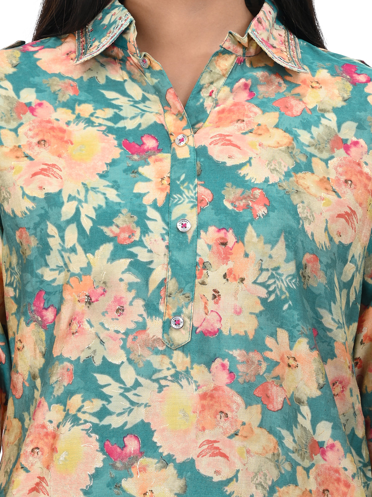 Teal Green Floral Printed Co-ord Set