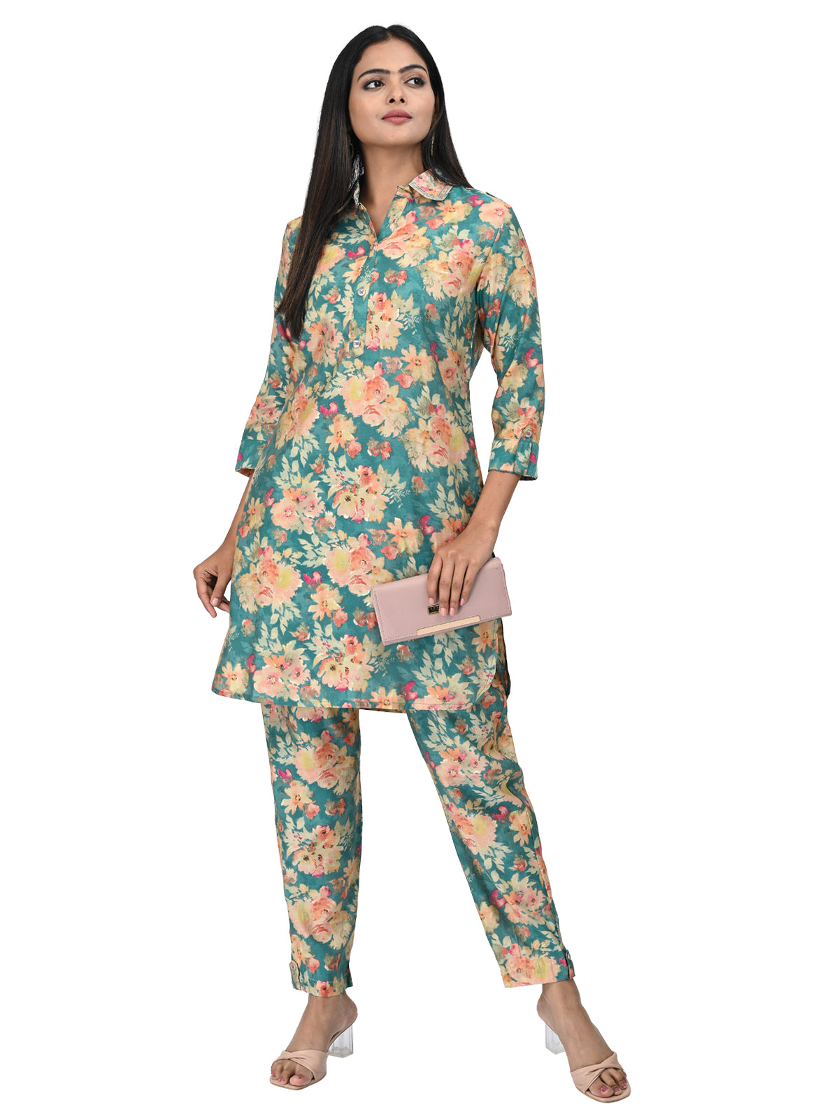 Teal Green Floral Printed Co-ord Set