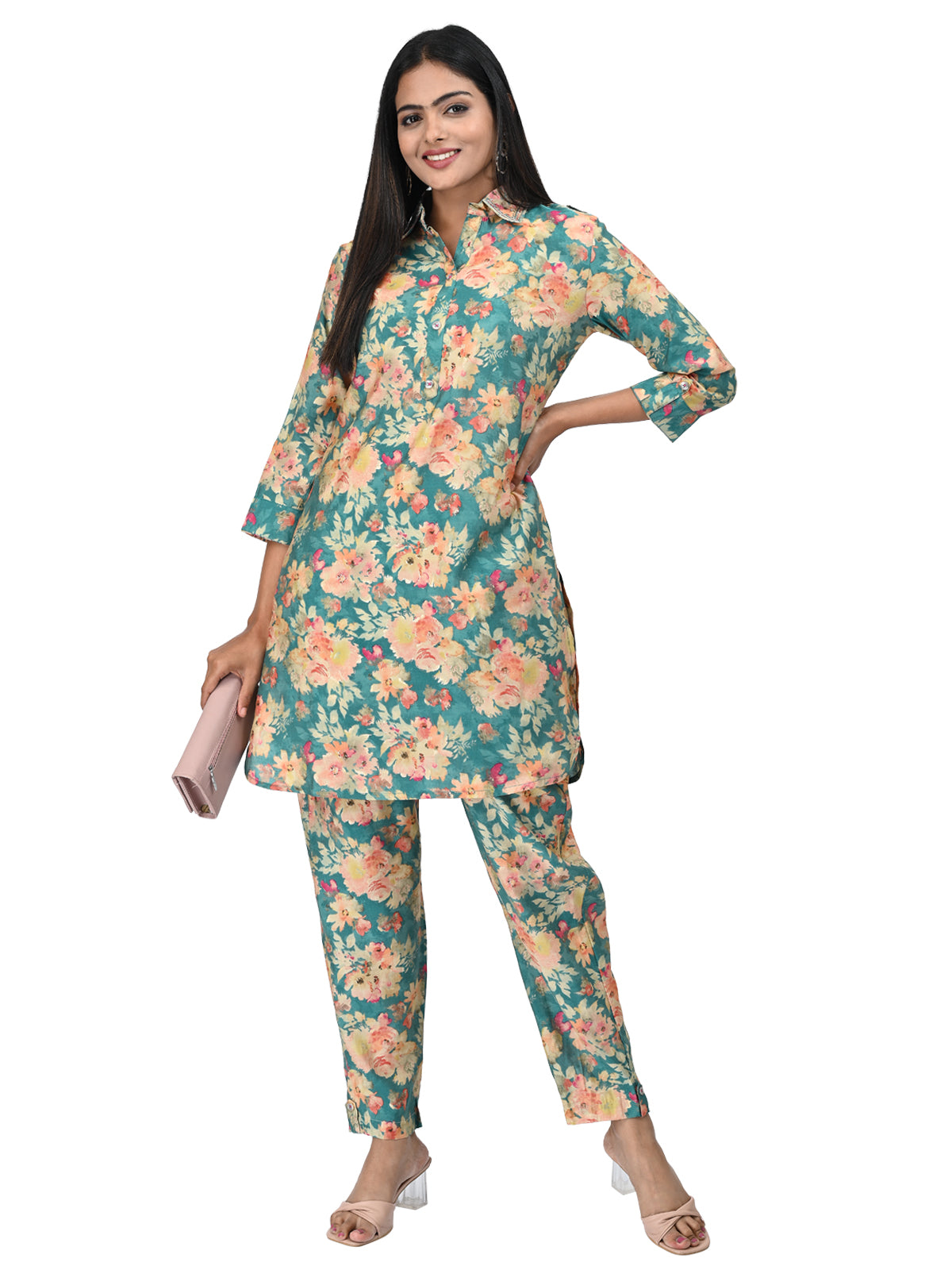 Teal Green Floral Printed Co-ord Set