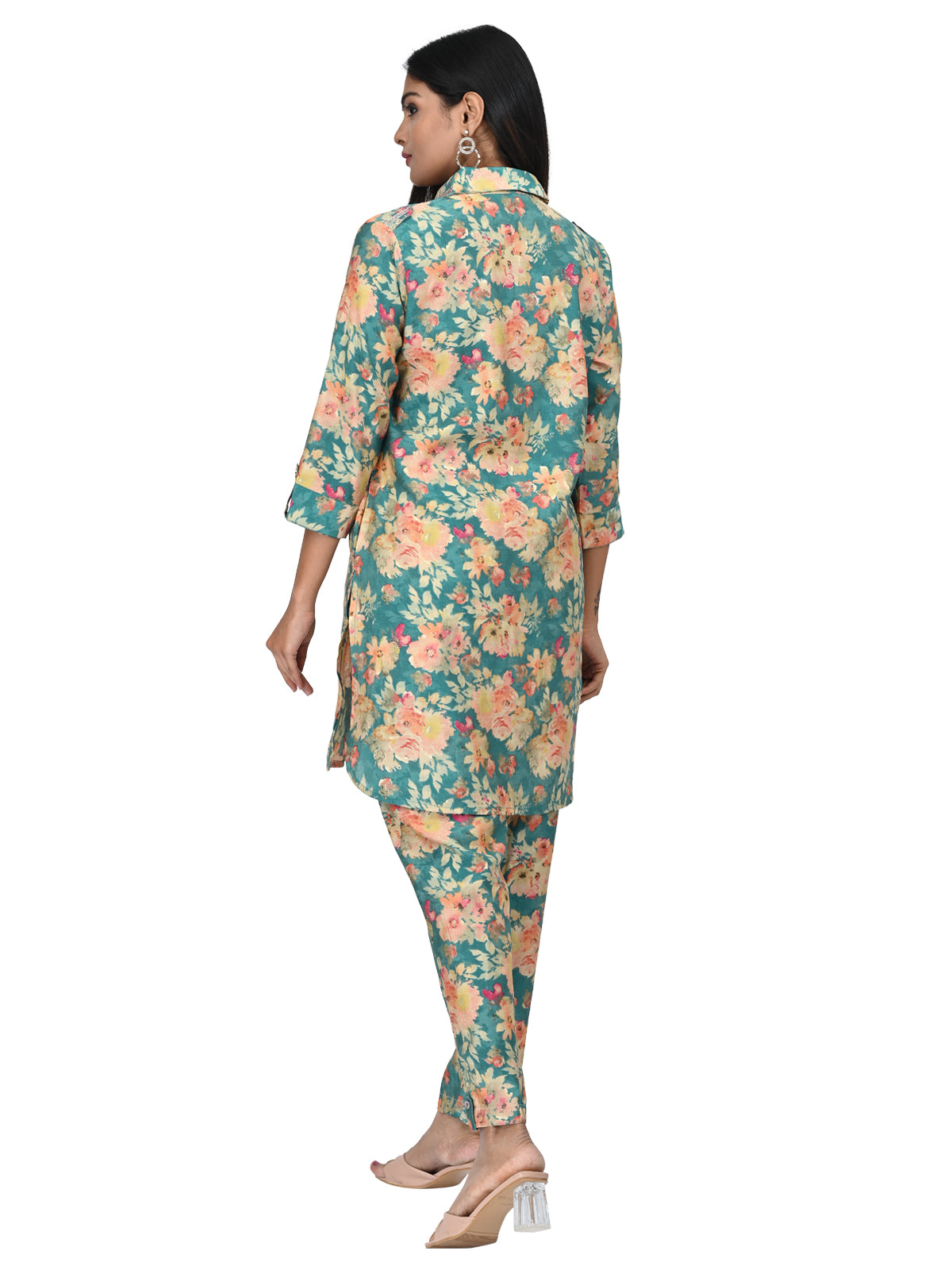 Teal Green Floral Printed Co-ord Set