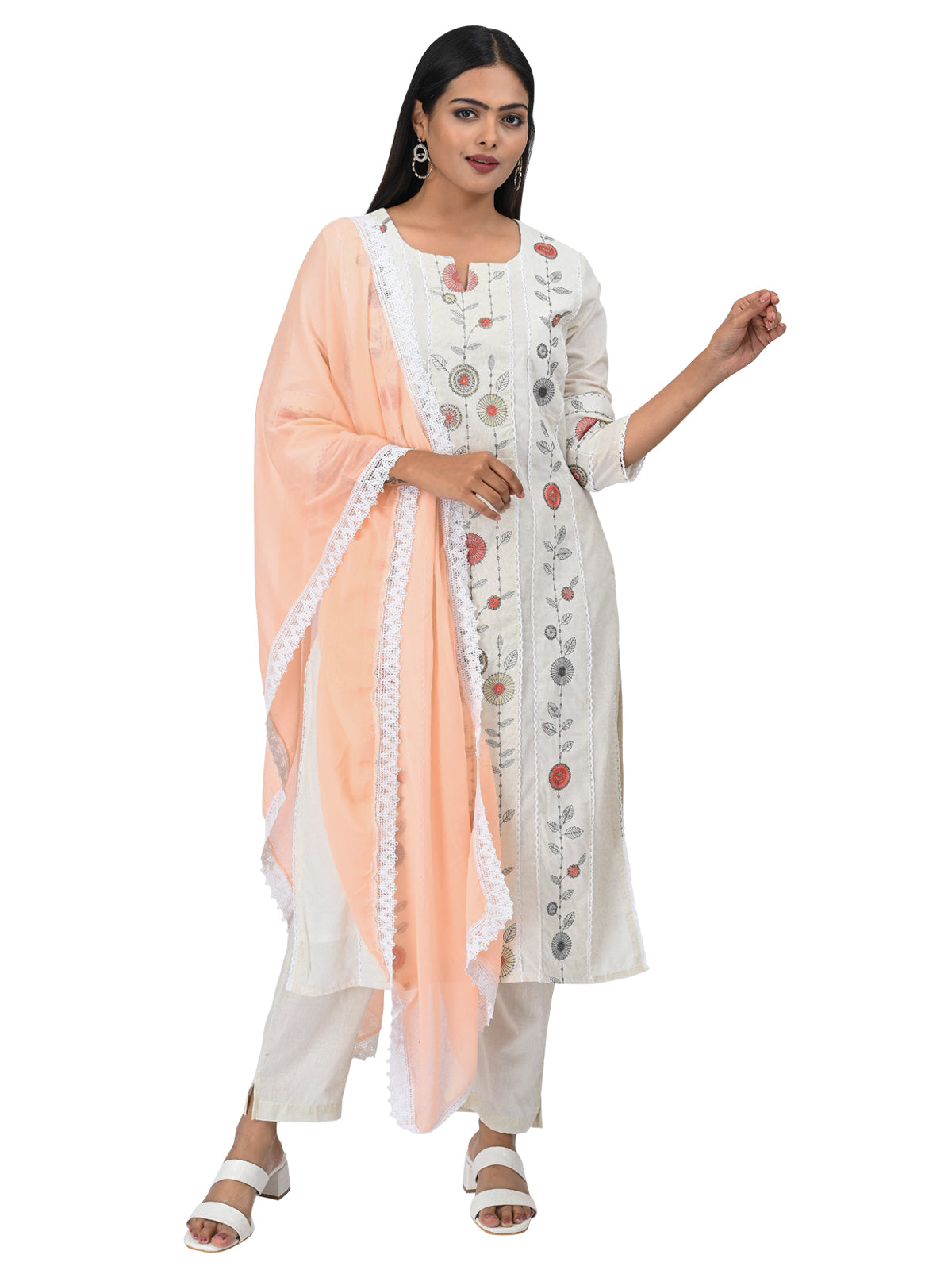 Off-White Embroidered Kurta Set with Peach Dupatta