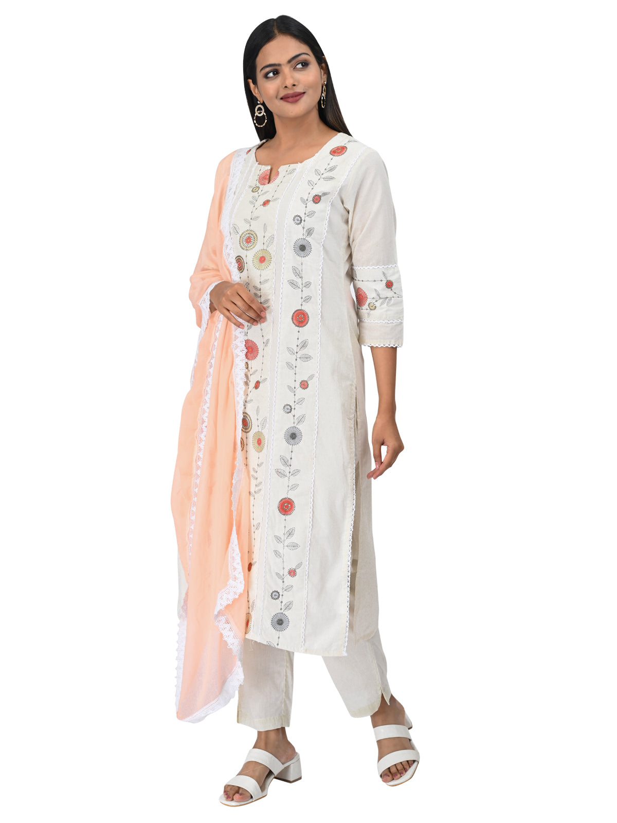Off-White Embroidered Kurta Set with Peach Dupatta