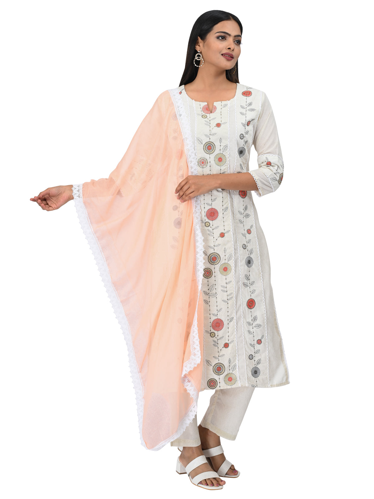 Off-White Embroidered Kurta Set with Peach Dupatta