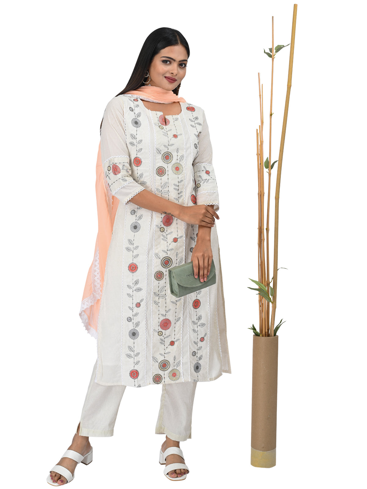Off-White Embroidered Kurta Set with Peach Dupatta
