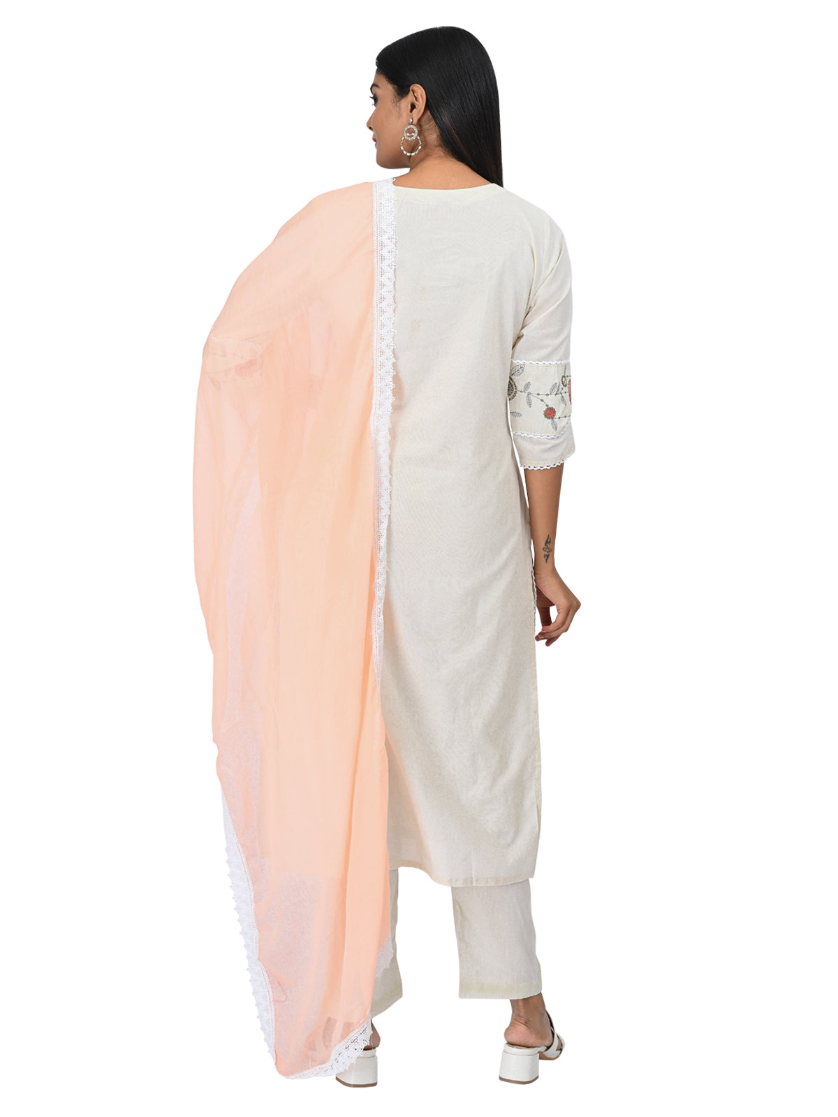 Off-White Embroidered Kurta Set with Peach Dupatta