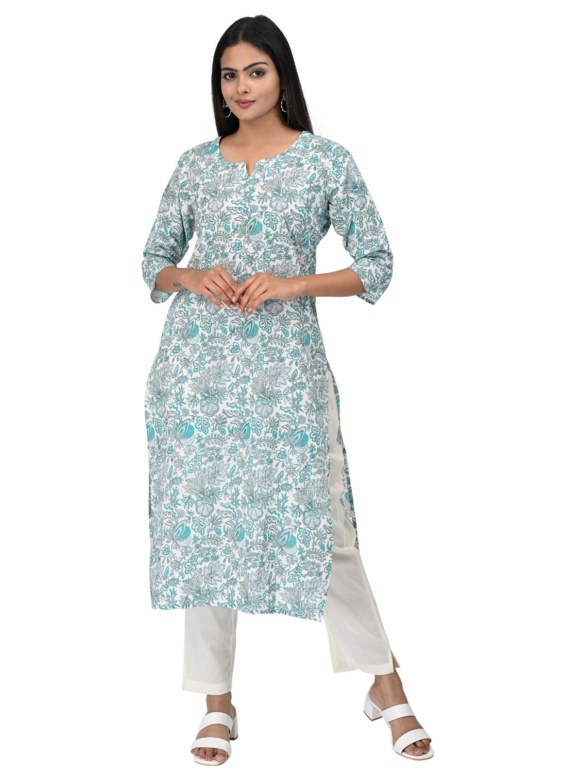 White & Teal Floral Printed Cotton Kurti