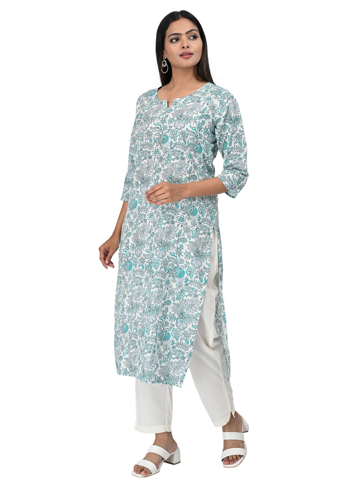 White & Teal Floral Printed Cotton Kurti
