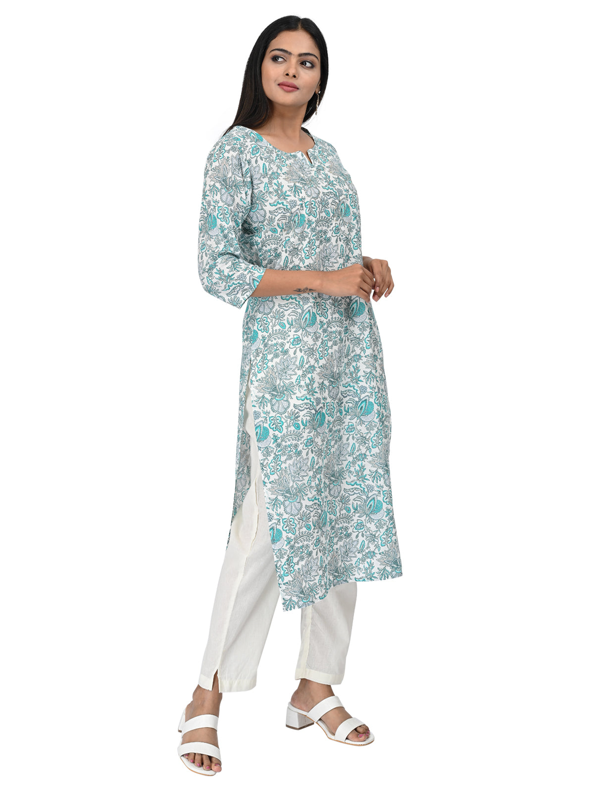 White & Teal Floral Printed Cotton Kurti