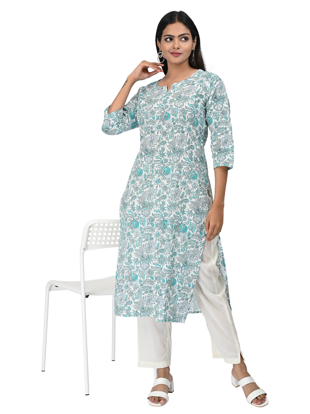 White & Teal Floral Printed Cotton Kurti