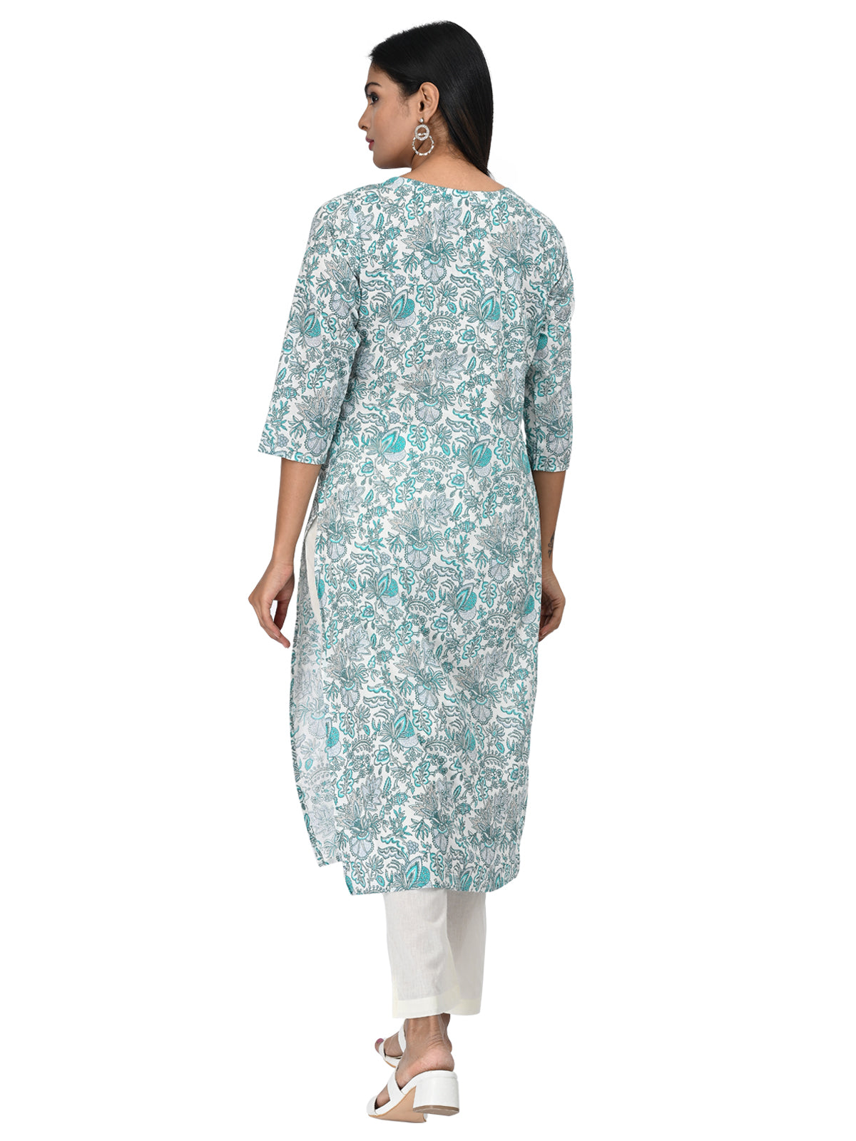 White & Teal Floral Printed Cotton Kurti