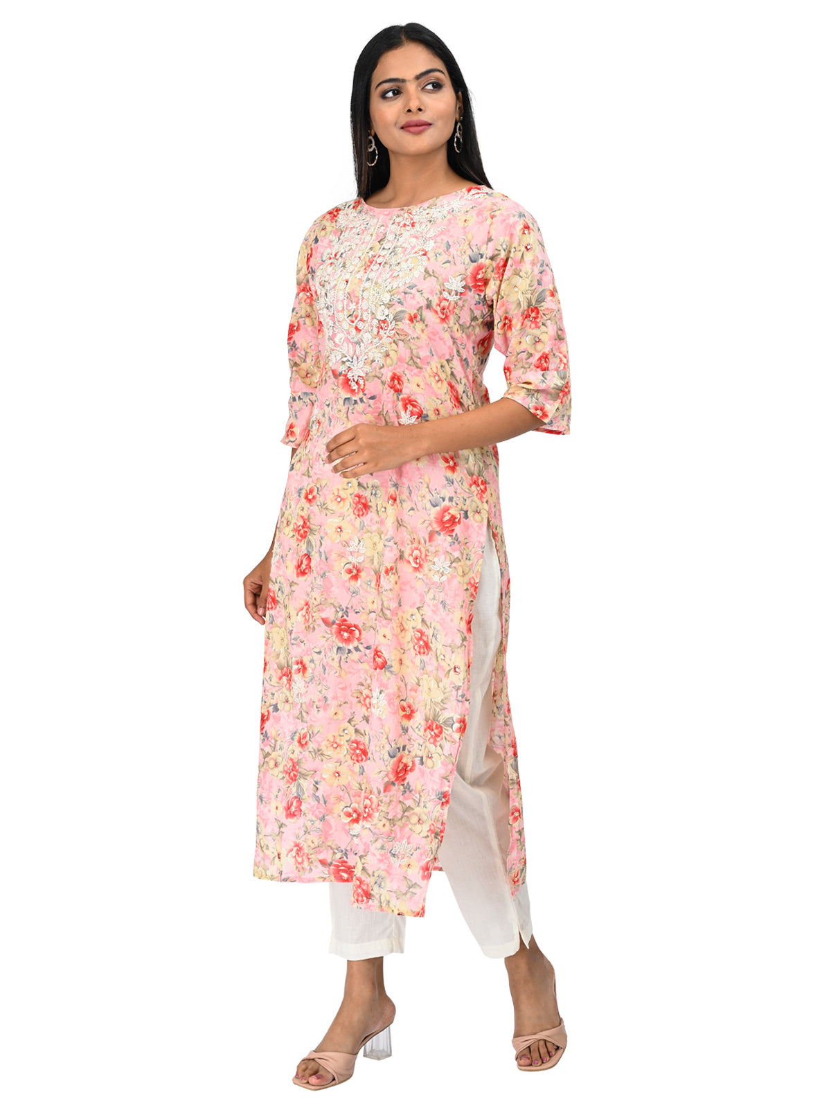 Peach Floral Printed Straight Kurti with Embroidery