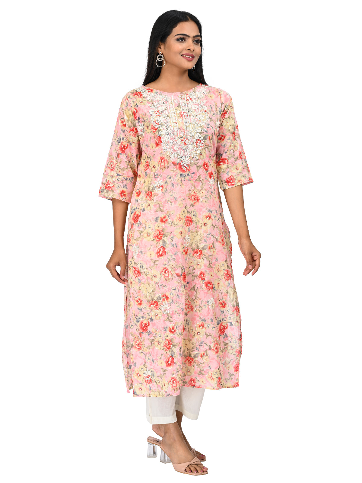 Peach Floral Printed Straight Kurti with Embroidery