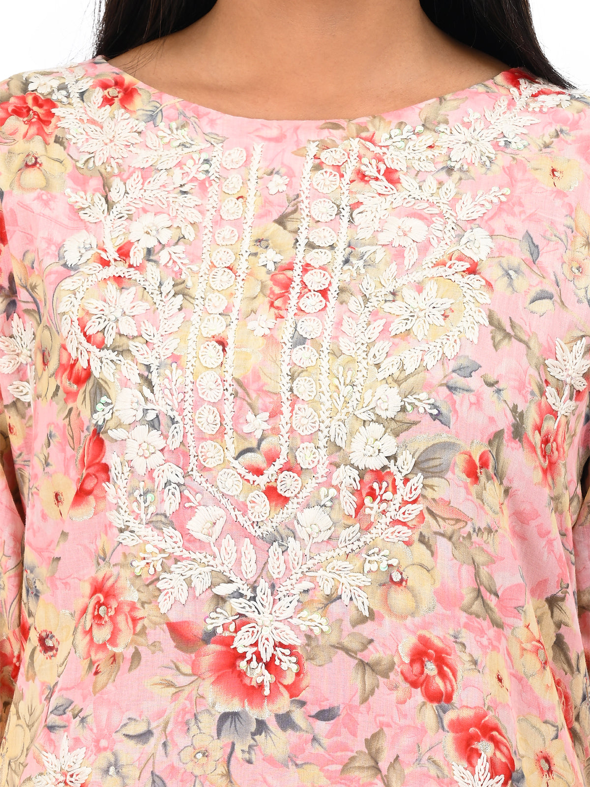 Peach Floral Printed Straight Kurti with Embroidery