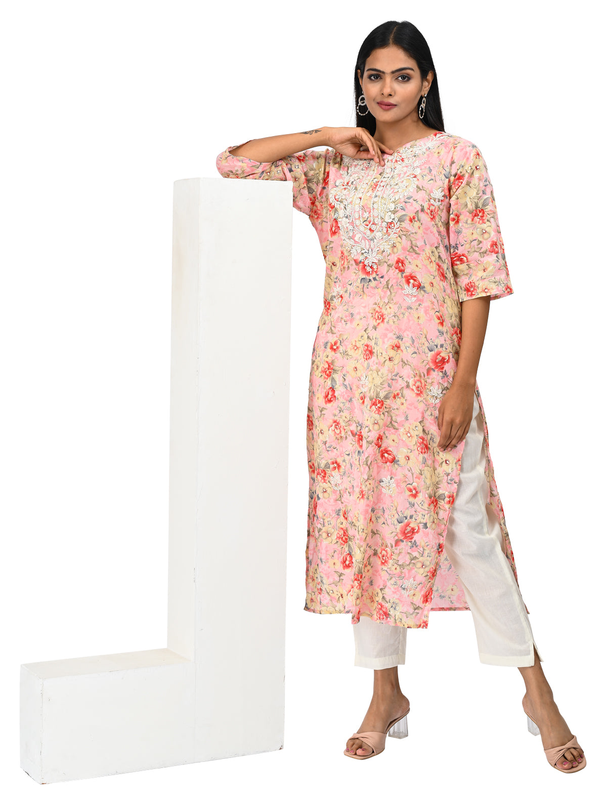 Peach Floral Printed Straight Kurti with Embroidery
