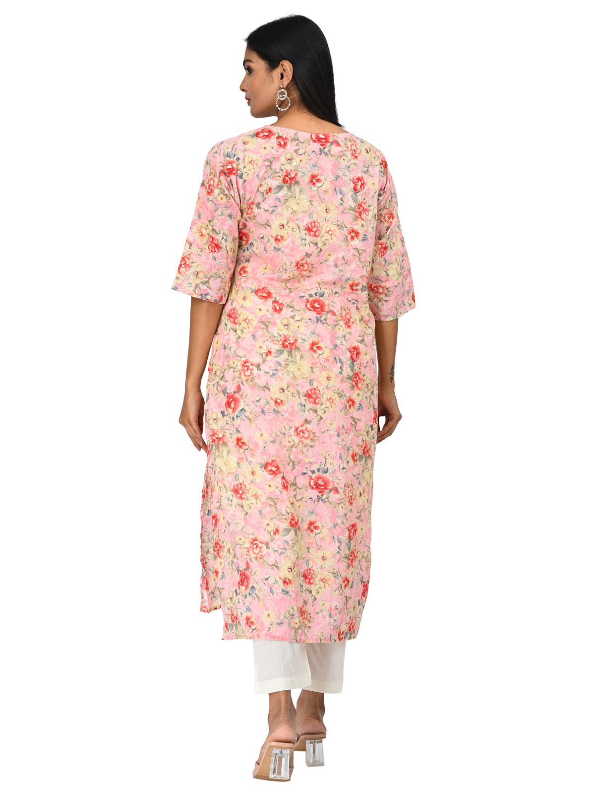 Peach Floral Printed Straight Kurti with Embroidery